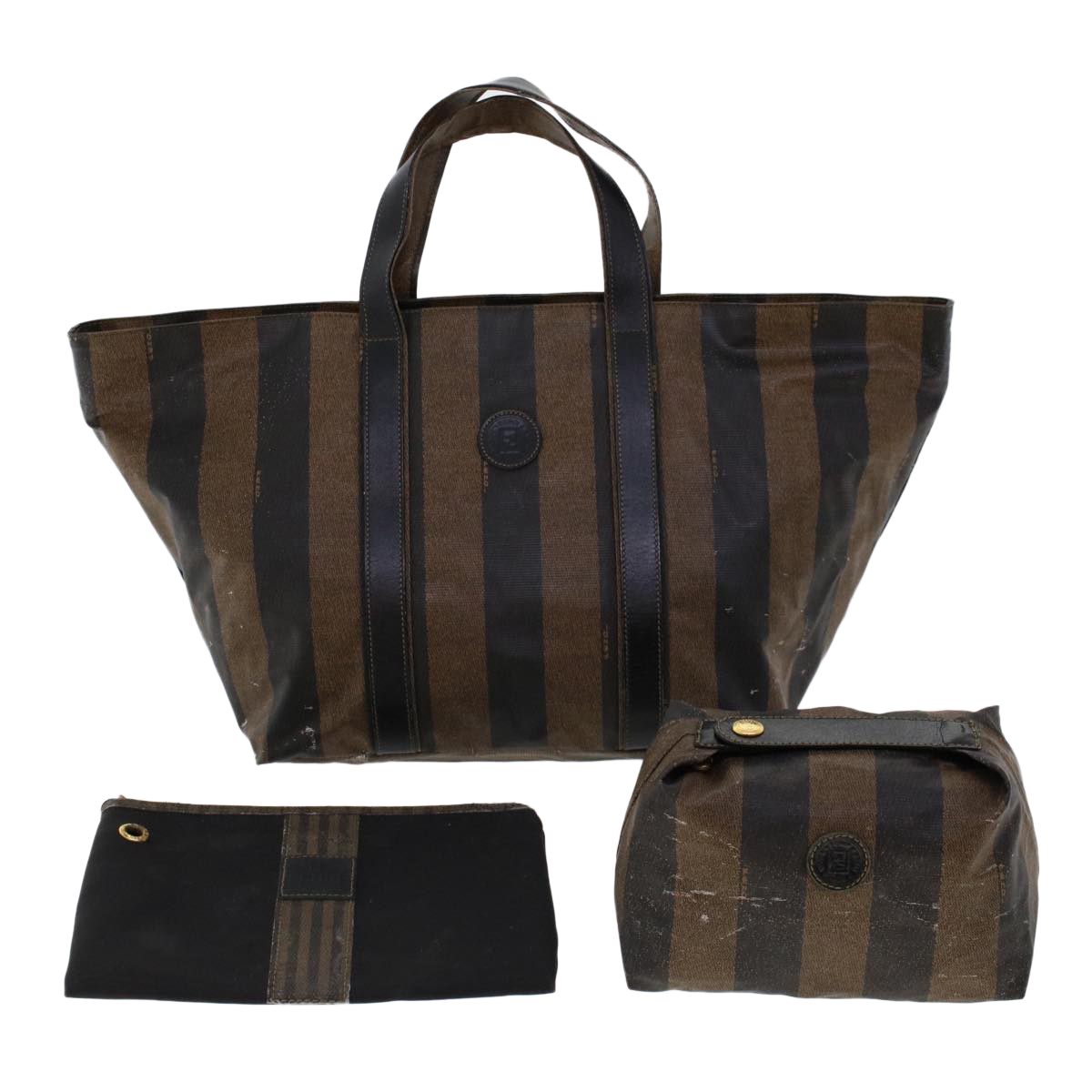 Fendi Pecan Canvas Pouch Hand Bag 3set Black Brown Auth Yb206